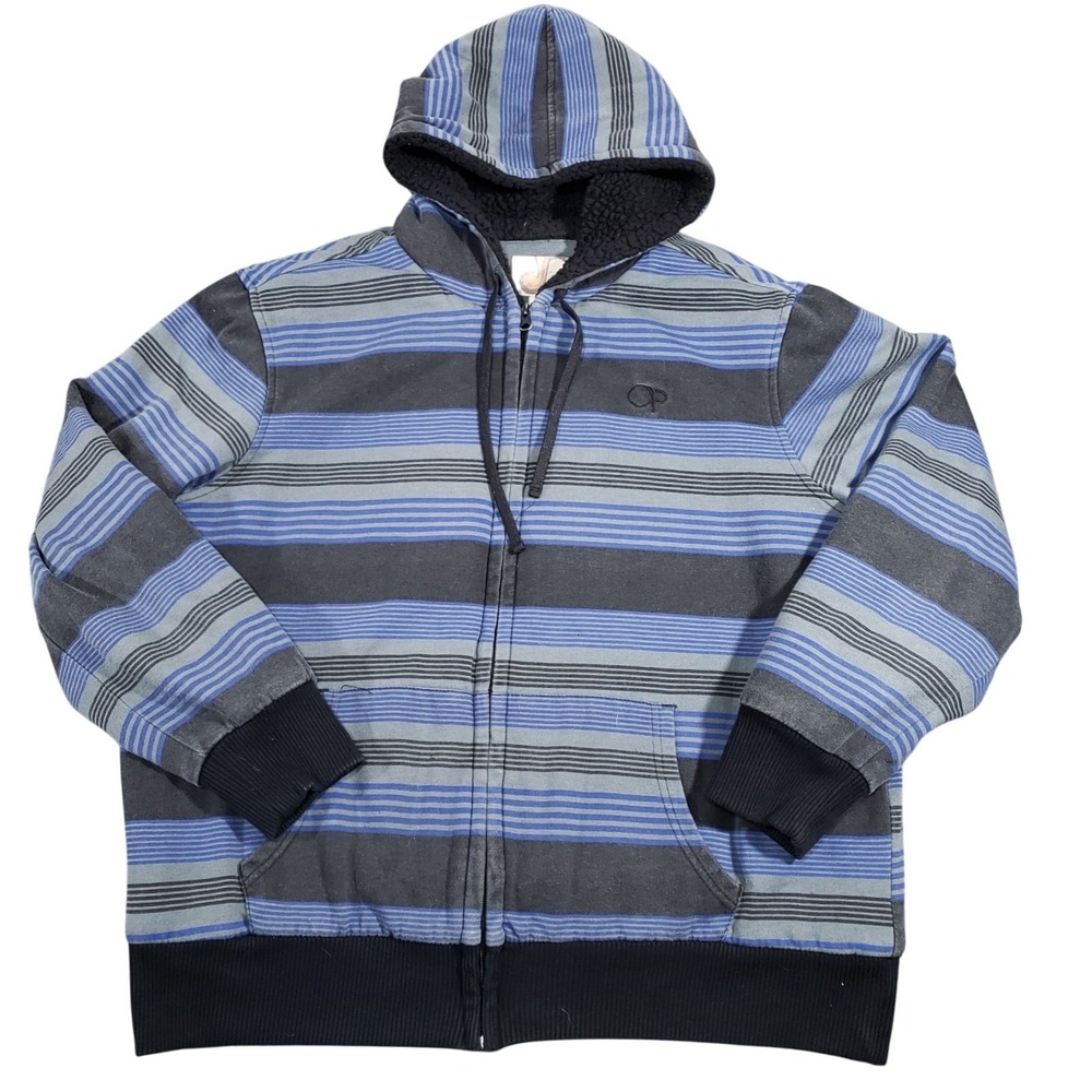 OP Zip Hoodie Men XL Blue Gray Stripe Sherpa Lined Full Zip Jacket Ocean Pacific